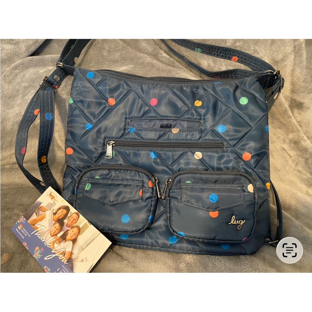 Lug Zipliner 2 Navy Polka Dot Crossbody Bag NWOT